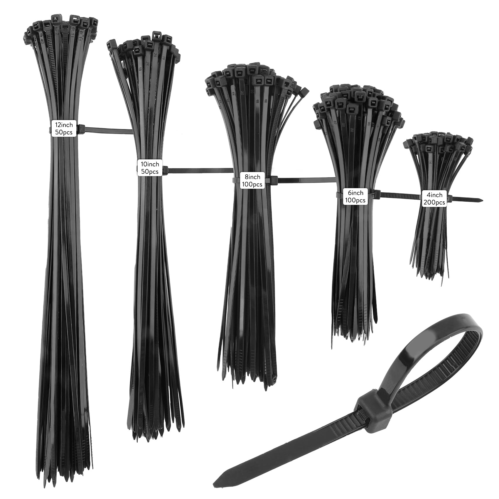 Black Zip Ties Cable Wraps - Heavy Duty, Small, Large, 12 Inch, 4
